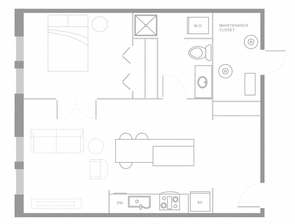 Floor plan for 1 bed, 1 bath, 666 sqft